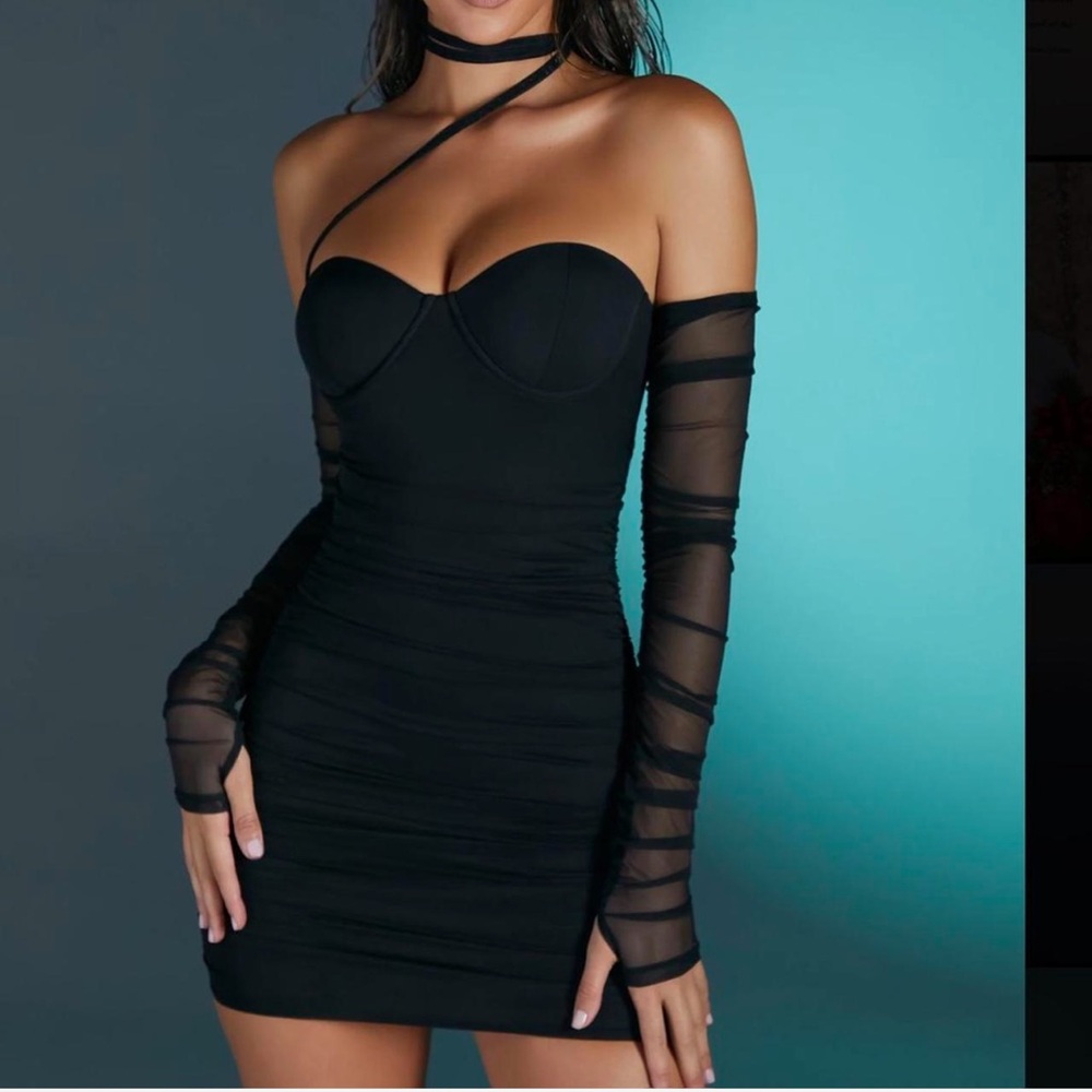 Oh Polly Chambéry Underwired Bardot Mini Dress in Black